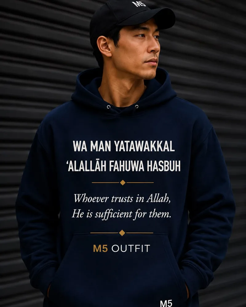 Model wearing a navy M5 Outfit hoodie printed with the Arabic and English phrase Wa Man Yatawakkal Alallah Fahuwa Hasbuh