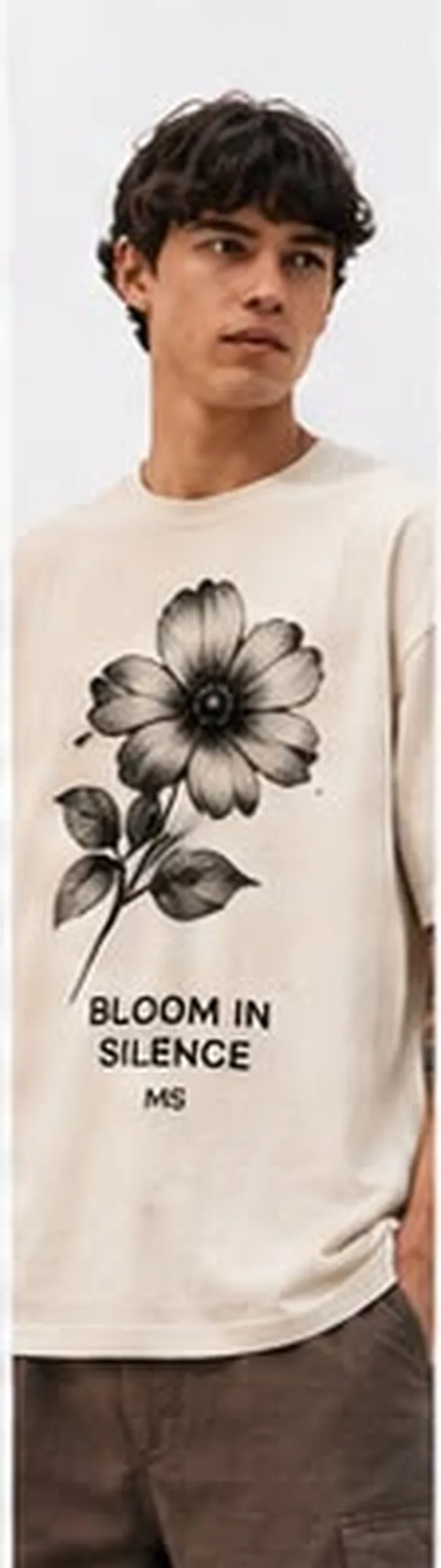 Model wearing a cream M5 Outfit T-shirt printed with a line-art flower and Bloom In Silence text