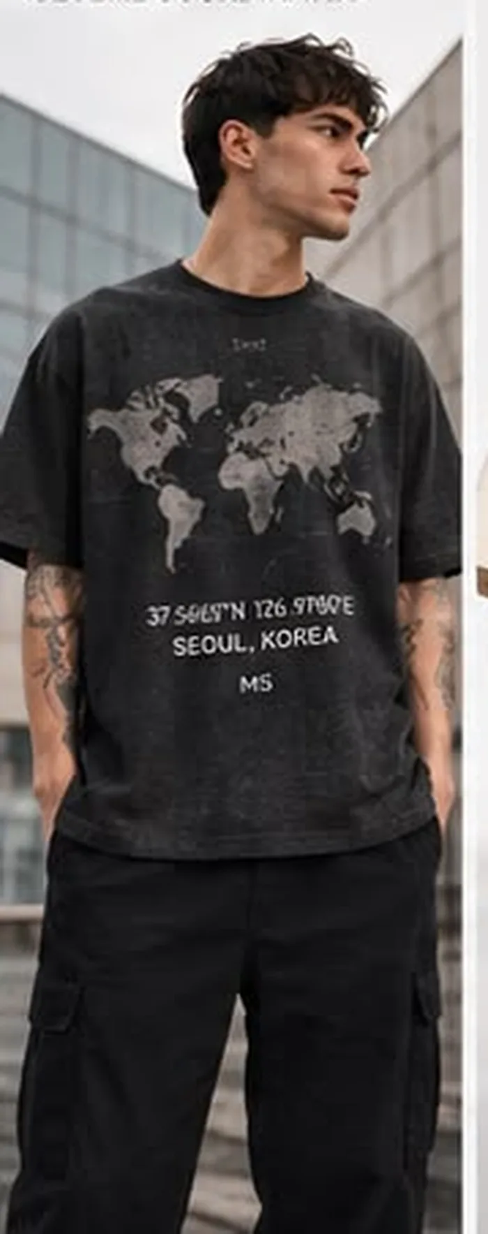 Model wearing a charcoal M5 Outfit T-shirt printed with a world map and Seoul coordinates