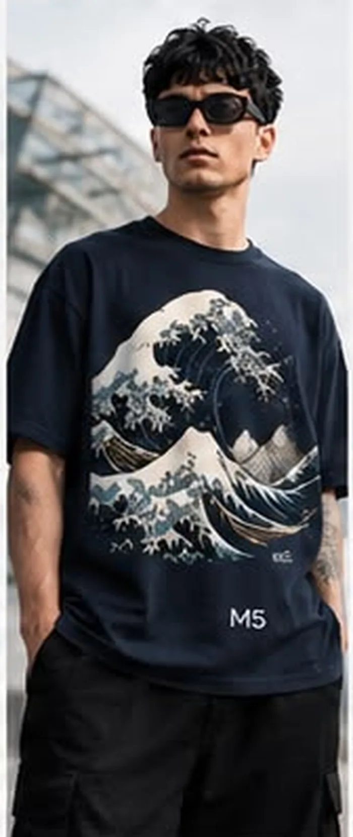 Model wearing a navy M5 Outfit T-shirt printed with an ink wave illustration